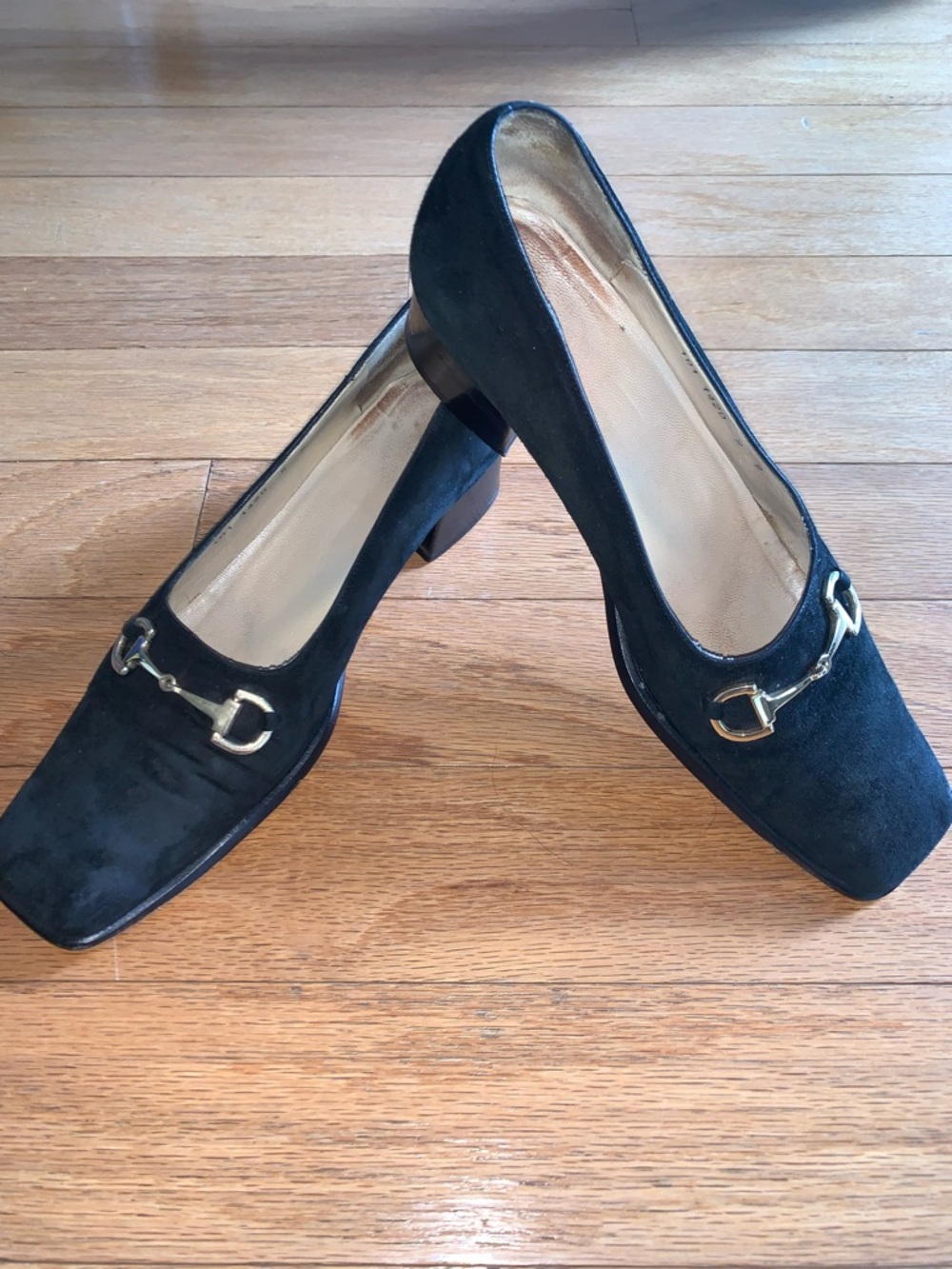 Gucci Black Suede Pumps with Gold-tone Horsebit Accent, Size 8B.
